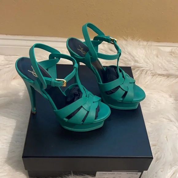 YSL Saint Laurent Emerald Green Tribute Platform Sandals Size 36 - Picture 4 of 6